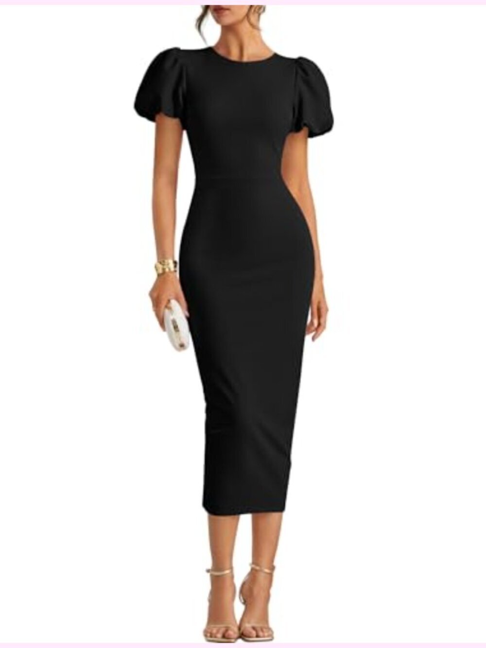 Womens Midi Bodycon Dress Short Sleeve Formal Cocktail Crewneck Back Slit Summer